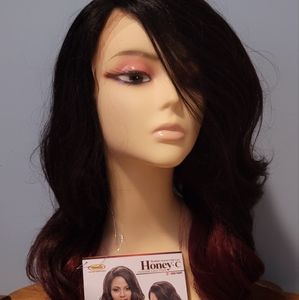 Long Wavy Brazilian Human Hair BLEND Red Mix Lace Front Wig